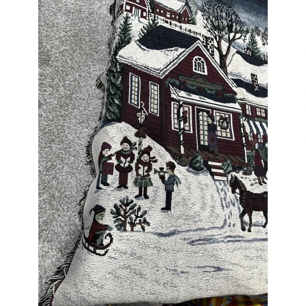 Vintage Christmas Village 46x54 Snow Throw‎ Blanket Tapestry Folk Grandma Sleigh